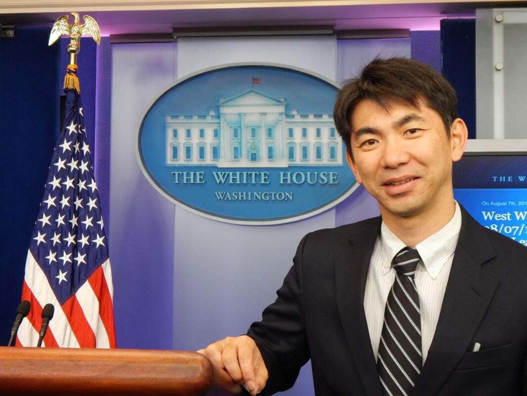 Takaaki Abe in the White House press briefing room, Washington, D.C.